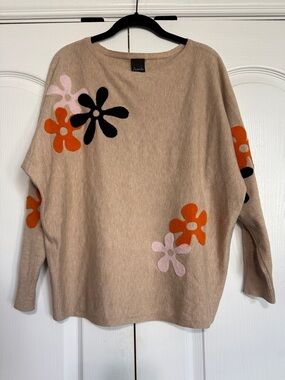 Ameda Beige Crewneck Sweater with Orange, Pink & Black Flower Appliqués